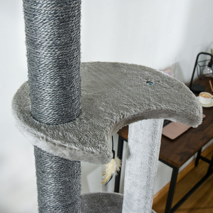 Pawhut 89\"-100\" Floor To Ceiling Cat Tree 6-tier Cat Climbing Tower Adjustable High With Scratching Post Board, Ramp, Cat Condo, Perch, Toy Ball, For Indoor Cat, Light Grey