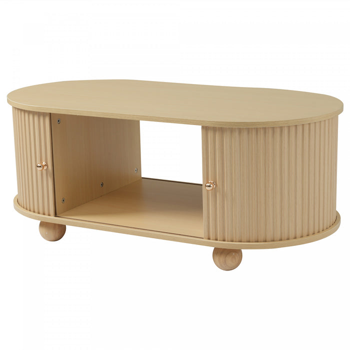 Ethan Oval Coffee Table with Sliding Doors and Hidden Storage,Natural Wood