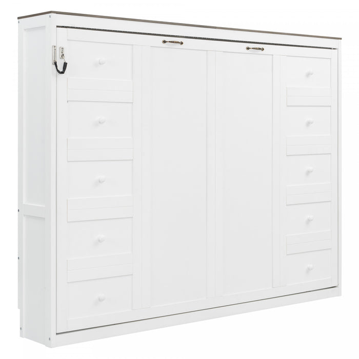Olivia Solid Wood Murphy Bed with LED Light and Foldable Cabinet,Full Size,White Full Bed