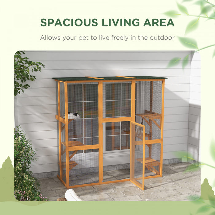 Pawhut Large Outdoor Catio Enclosure, Weatherproof Cat House With Asphalt Roof, Wooden Cat Patio Cage With 6 Balanced Platforms, 71\" X 39\" X 71\", Orange