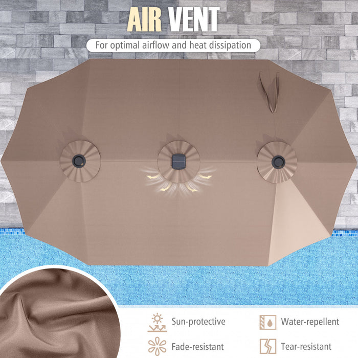 Costway 15.5 FT Extra-Large Patio Umbrella with LED Solar Lights & 12 Heavy-Duty Ribs Brown