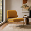 Serenity Contemporary Modern Metal Upholstered Lounge Chair in Mustard | Fauteuil lounge contemporain moderne Serenity en metal et tissu, coloris moutarde