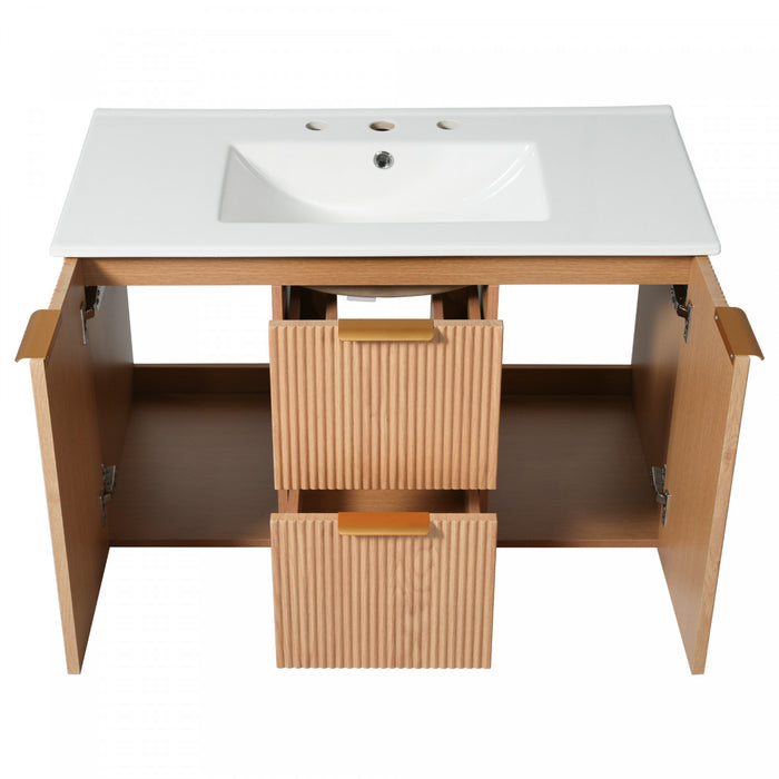 Aiden 36-Inch Wall-Mounted Bathroom Vanity with Soft-Close Storage and Ceramic Sink,Wood