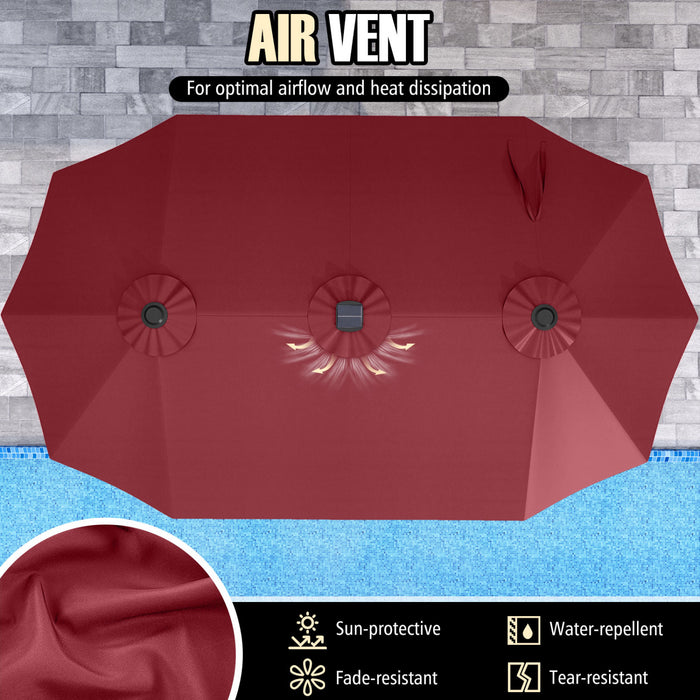 Costway 15.5 FT Extra-Large Patio Umbrella with LED Solar Lights & 12 Heavy-Duty Ribs Red