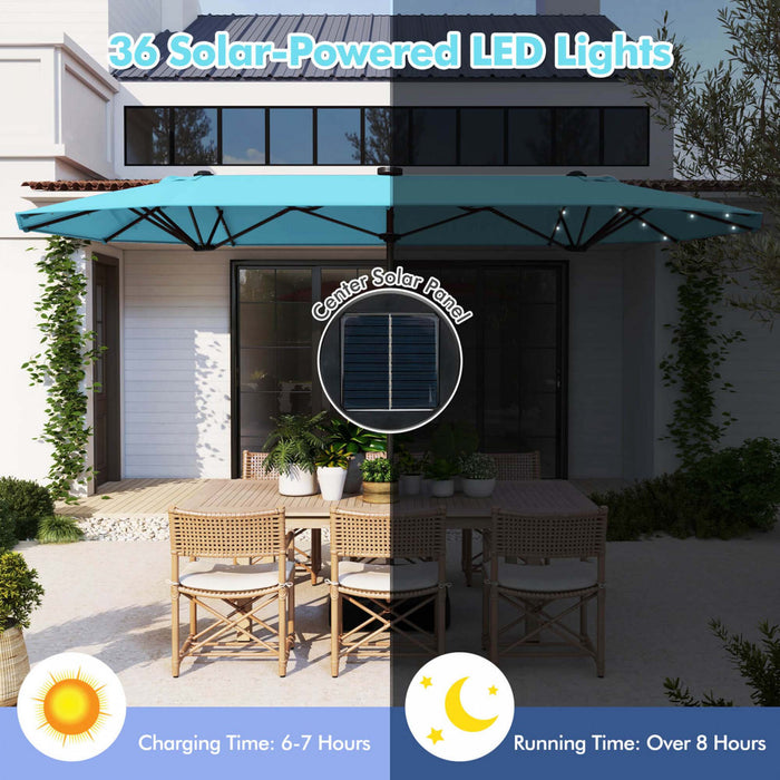Costway 13FT Double-sided Patio Umbrella with Solar Lights Crank Handle Umbrella Base Turquoise