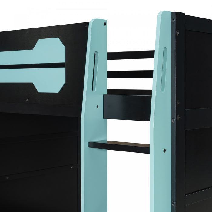 Olivia Wood Loft Bed with Desk and Multi-storage Shelves,RGB Light,Blue Full Bed