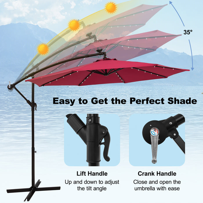 Costway 10 Ft Patio Solar LED Offset Umbrella 40 Lights Crank Cross Base Wine