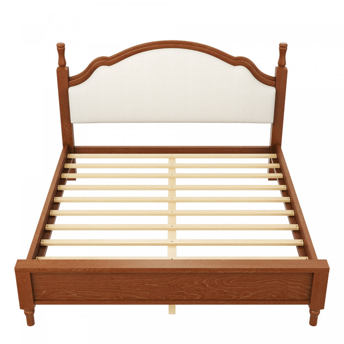 Miles Queen Size Wood Platform Bed with Curved Upholstered Headboard, Brown