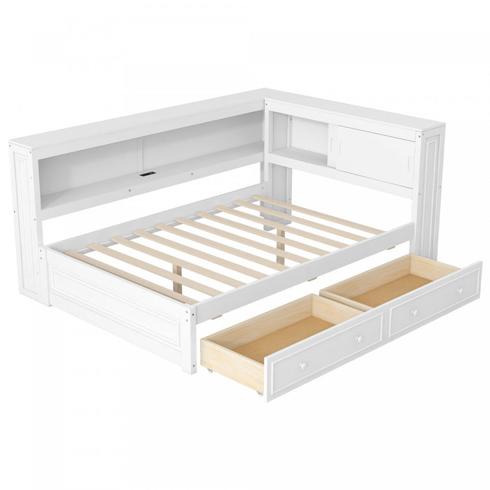 Arthur Full Size Wood Daybed with LED Light, USB Port and 2 Storage Drawers, White