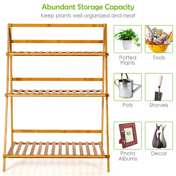 Costway 3 Tier Bamboo Flower Pot Shelf Stand Folding Display Rack Garden Yard