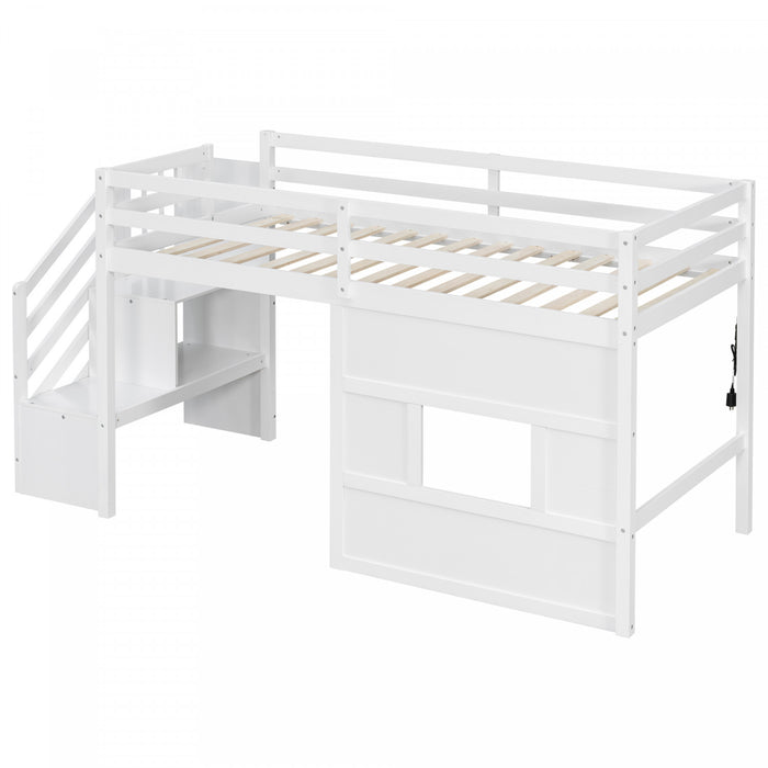 Pepys Modern Loft Bed with Storage Staircase and Window,Twin Size,White Twin Bed