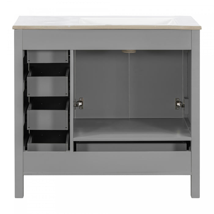 Derek 36 Inch Modern Bathroom Vanity with Ceramic Sink & Multi Storage, Grey