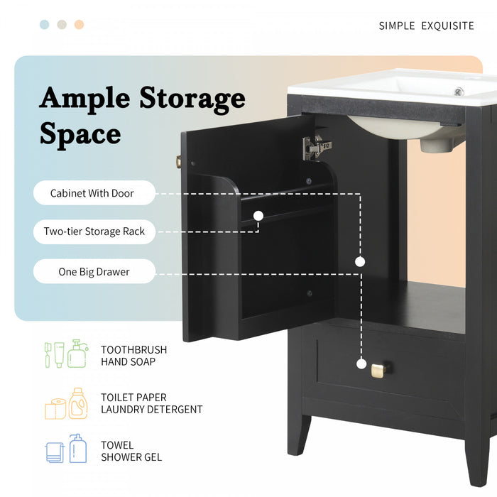 Puret 20 Inch Single Sink Bathroom Vanity with Door Shelf and Pull-Out Drawer, Black