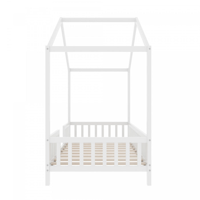 Paul Montessori Floor Bed with Canopy and High Railings,Twin Size，White Twin Bed