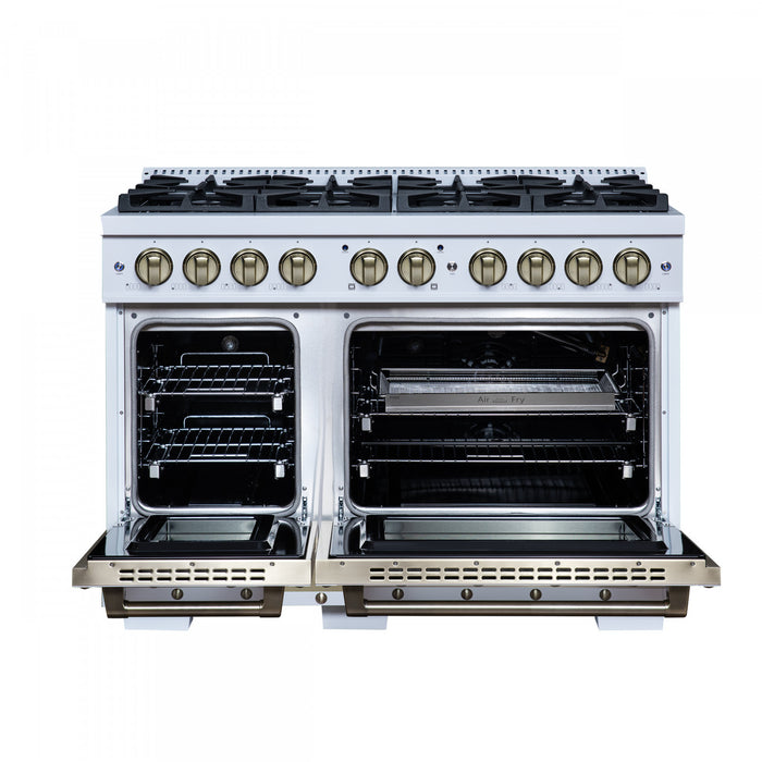 Forno Ambassador 48\" Gas Range in White, 8 Sealed Burners, 6.7 Cu.Ft. Ovens - FFSGS6299-48CPWHT