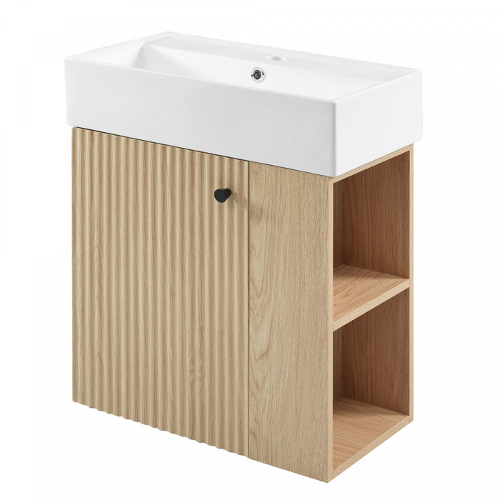 Camille Floating Bathroom Vanity with Ceramic Sink and Right Side Storage, Natural