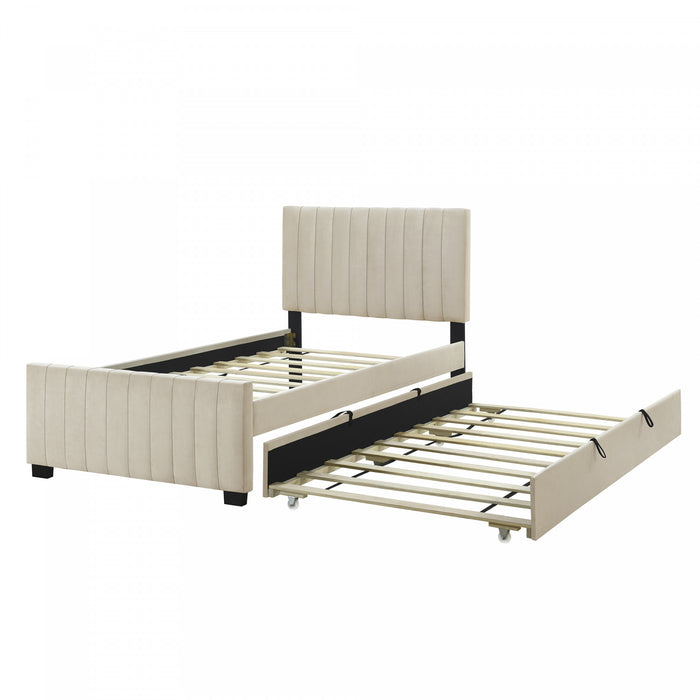 Ethan Space-Saving Velvet Upholstered Platform Bed with Trundle,Twin Size,Beige Twin Bed