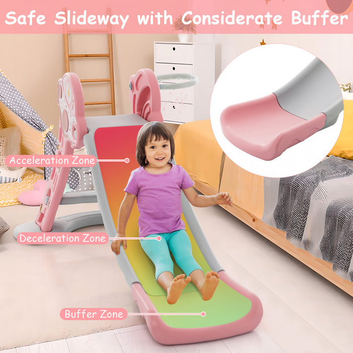 Costway 3-in-1 Kids Indoor Slide With Basketball Hoop & Basketball, Safe Buffer Zone Pink