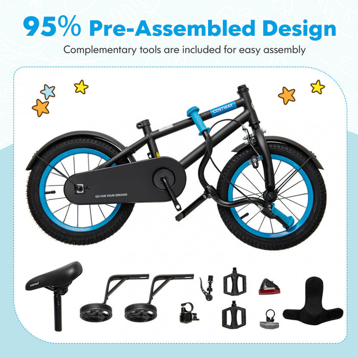 Costway 16\" Kids Bike With Adjustable Saddle Handlebar Removable Training Wheels Handbrake Black