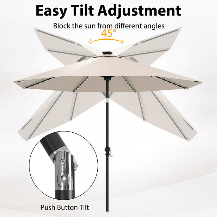 Costway 10 FT Solar Patio Umbrella with 96 LED Lights 35° Adjustable Tilt Vented Top Beige