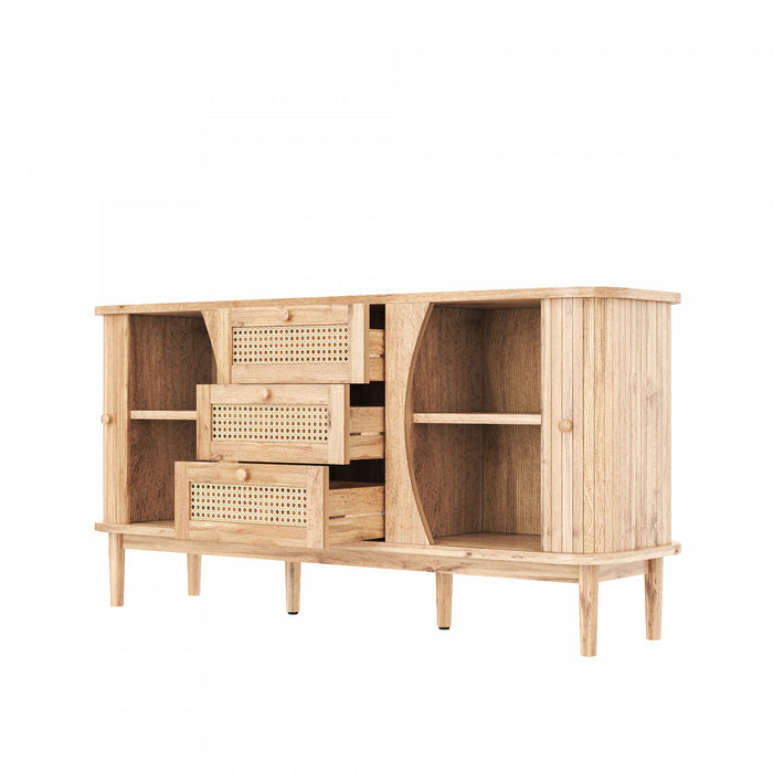James 55.3\" Modern Minimalist Wood Cabinet with Sliding Doors and Adjustable Shelves,Natural Accent Cabinet