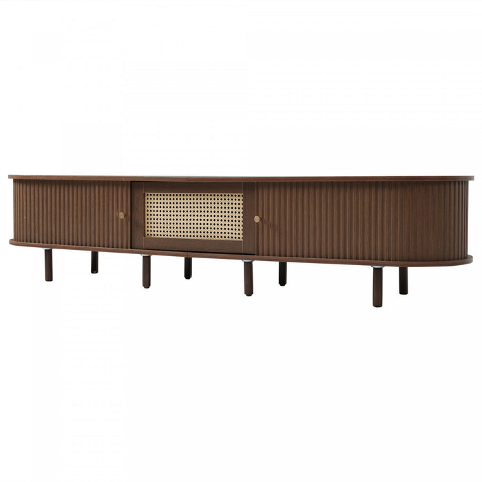 Lucas TV Stand Media Console with Rattan Drawer and Sliding Doors,Dark Oak