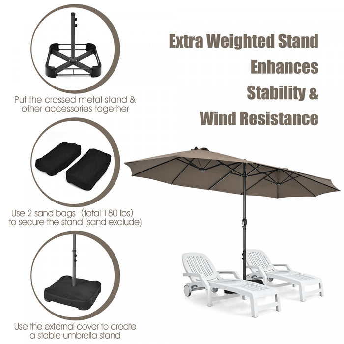 Costway 15FT Double-Sided Twin Patio Umbrella Sun Shade Outdoor Crank Market Base Coffee