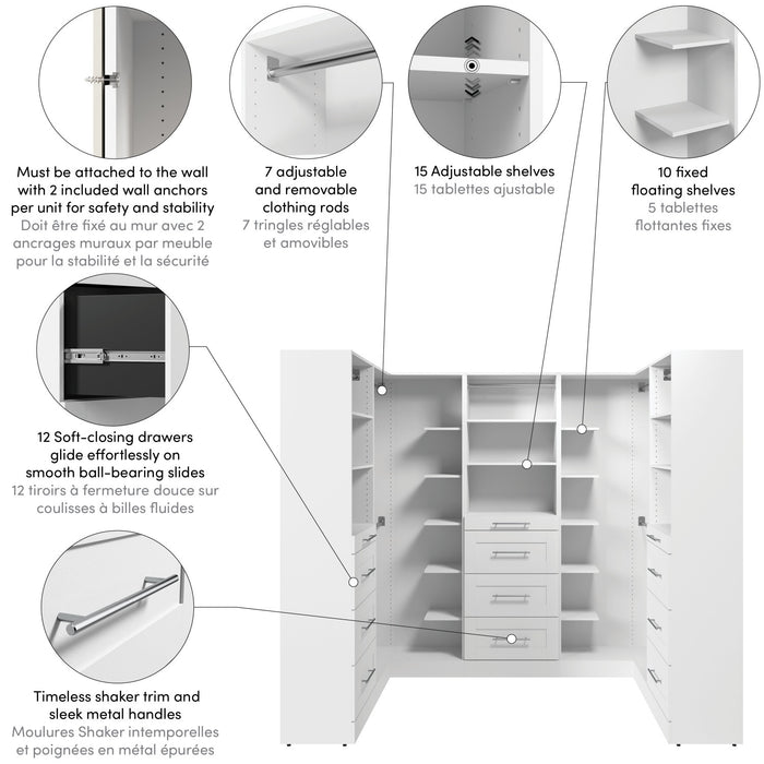 Bestar Florence 94\" Modular U-Shaped Shaker Walk-In Closet System with Rods and Storage - White