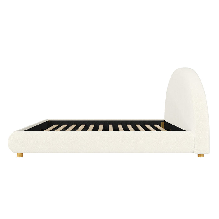 Harold Platform Bed with Boucle Upholstered Round Curved Headboard and Low-Profile Frame,King Size,White King Bed