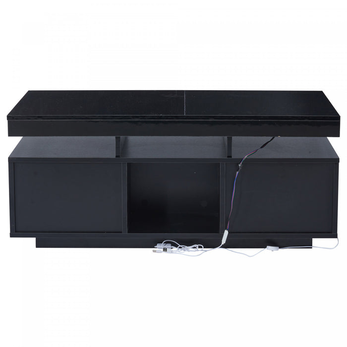 Lumina 39.3 Inch High-Gloss Coffee Table with LED Lights, USB Port and Transparent Doors, Black