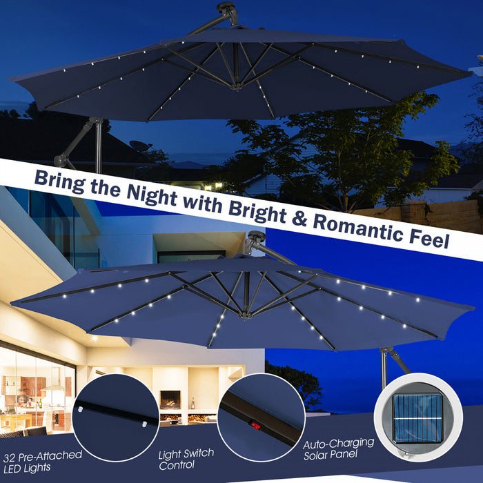 Costway 10FT Cantilever Solar Powered 32LED Lighted Patio Offset Umbrella Outdoor Navy