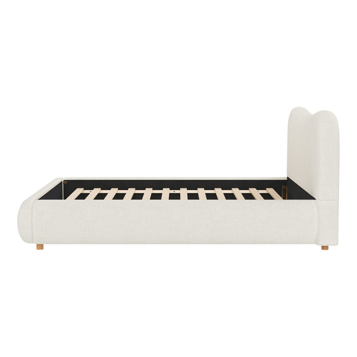 Camille Platform Bed with Curved Headboard and Luxurious Boucle Upholstery,Queen Size,White Queen Bed