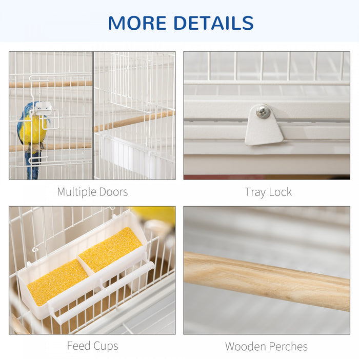 Pawhut 52\" Large Rolling Steel Bird Cage Bird House With Rolling Stand, Storage Shelf, Wood Perch, Food Container, White