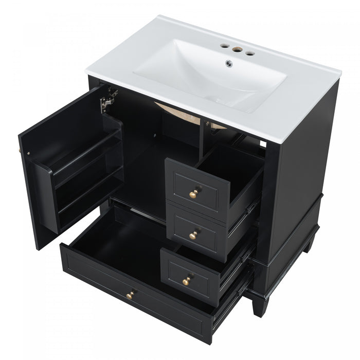 Emma 30\" Solid Wood Bathroom Vanity with Ceramic Sink and Soft-Close Door, Black