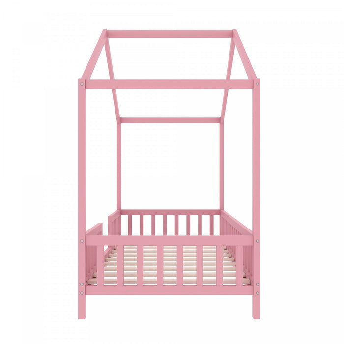 Paul Montessori Floor Bed with Canopy and High Railings,Twin Size，Pink Twin Bed