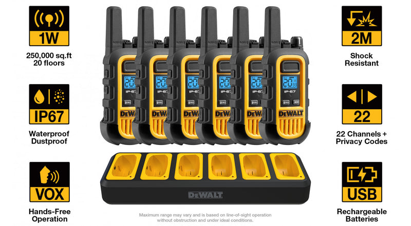 6 Dewalt Dxfrs300 Walkie Talkies Plus Earpieces - 1 Watt, Heavy Duty, 22 Channel Long Range Two Way Radios