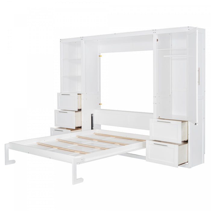 Angela Engineered Wood Murphy Wall Bed With Drawers And Shelves, Queen Size, White