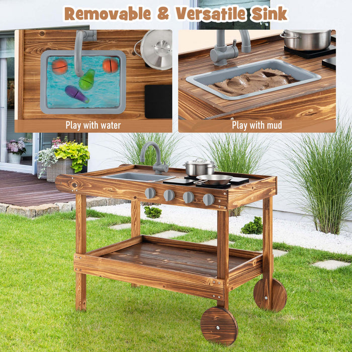 Costway Kids Wooden Mud Play Kitchen Cart With Sink, 4 Stoves & Storage Shelf Natural