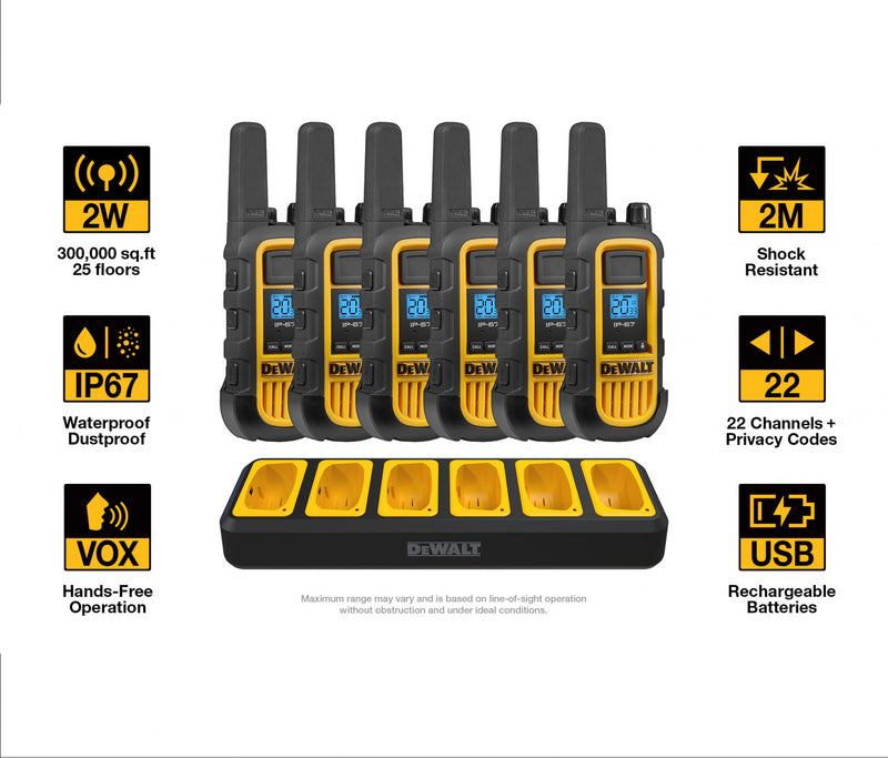 6 Dewalt Dxfrs800 Walkie Talkies Plus Earpieces - 2 Watt, Heavy Duty, 22 Channel Long Range Two Way Radios