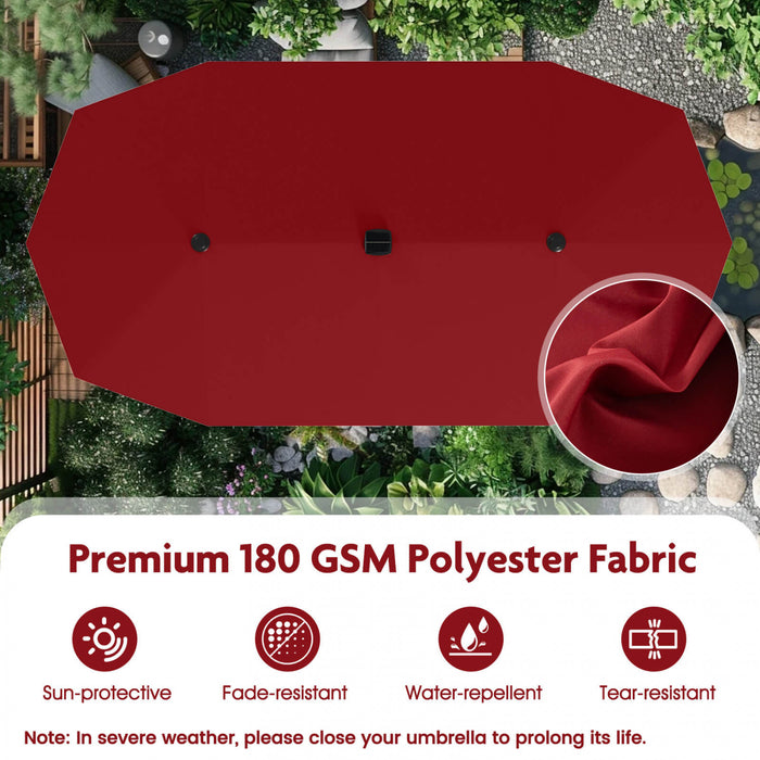 Costway 13 FT Large Patio Umbrella with LED Solar Lights Crank Handle 12 Heavy-Duty Ribs Wine