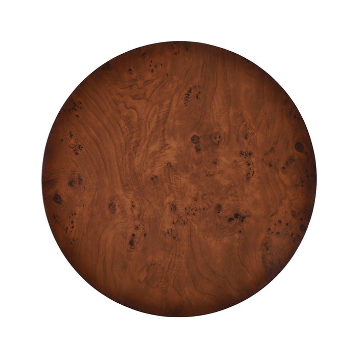 Lira 31.5 Inch Modern Round Burl Veneer Coffee Table with Three Cylindrical Legs, Brown