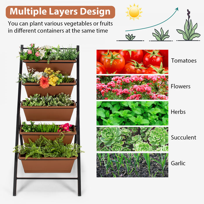 Costway 5-tier Vertical Garden Planter Box Elevated Raised Bed W/5 Container Brown