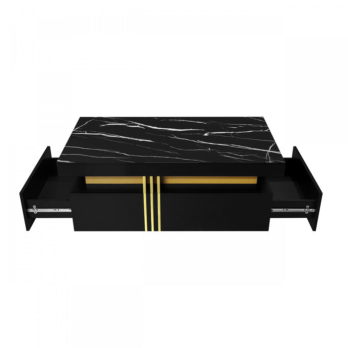 Noah Modern Coffee Table with Marble Pattern Top and Storage Drawers,Black