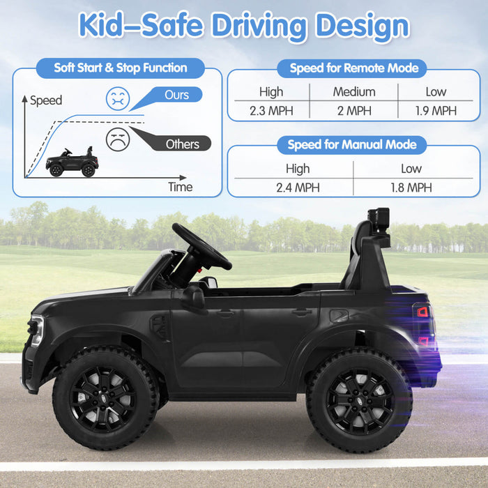 Costway 12v Licensed Ford Ranger Kids Ride On Car With Remote Control Storage Basket Black