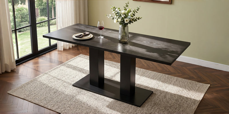 Vero 71 Inch Modern Rectangular Dining Table with Dual Pedestal Base and Black Finish, Black