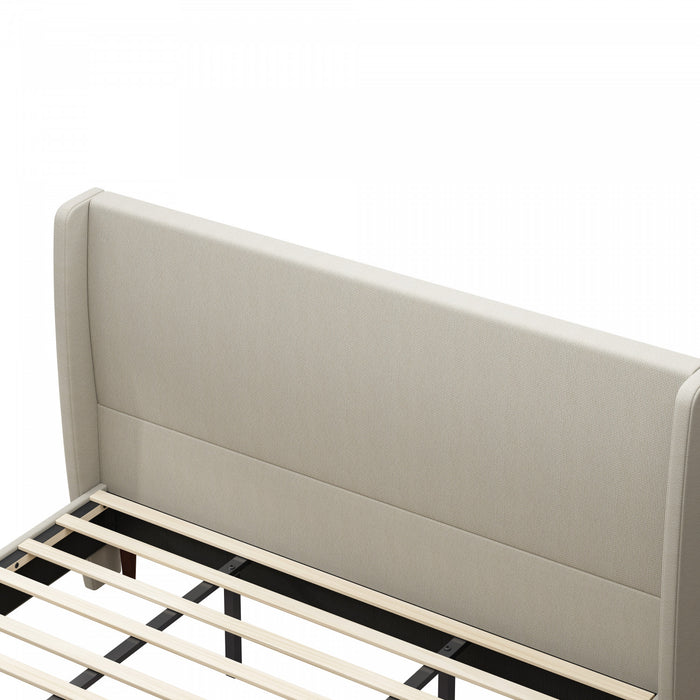 Harper Upholstered King Bed Frame with High Headboard, Linen Fabric - Beige