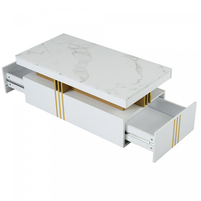 Noah Modern Coffee Table with Marble Pattern Top and Storage Drawers,White