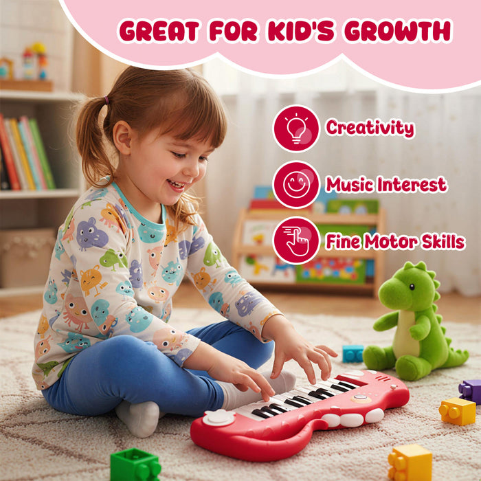 Costway 25-Key Kids Piano Keyboard Dinosaur Shape Toy Digital Piano with Built-in Music & Light Red
