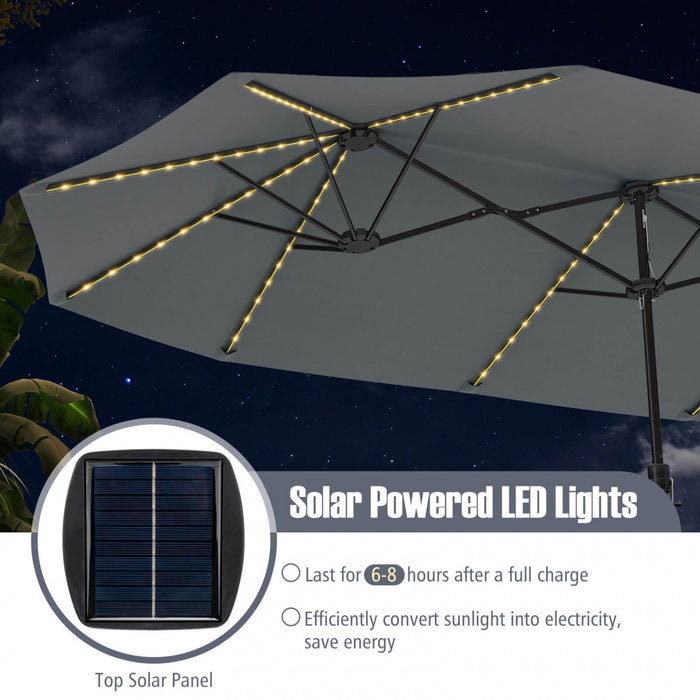 Costway 15.5 FT Extra-Large Patio Umbrella with LED Solar Lights & 12 Heavy-Duty Ribs Gray