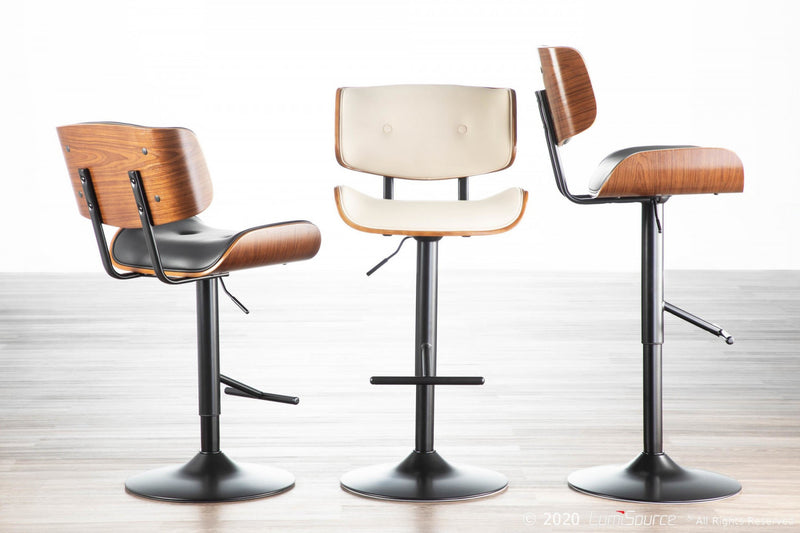 LumiSource Lombardi Faux Leather Mid-Century Modern Adjustable Barstool - Walnut/Black